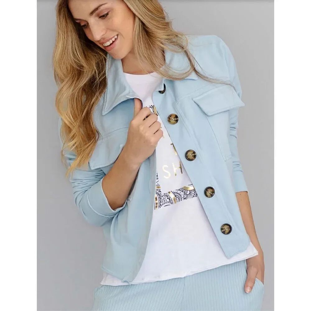 Zenara ZF048 Triana Knit Pima Cotton Jacket Size XS Light Blue Bell Made in Peru